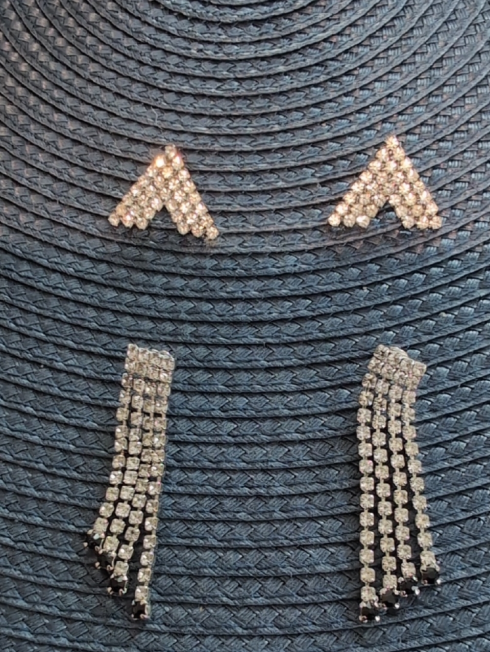 2 pair Rhinestone Rating ,1-Chevron Studs + 1-Long Fringe Drop Earrings - Silver